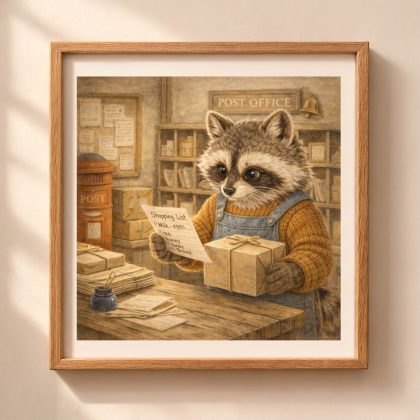 woodland raccoon post office wall art printable nursery decor cozy animal illustration
