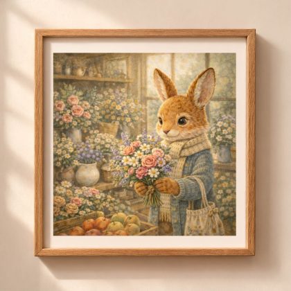 woodland rabbit flower shop wall art printable nursery decor bunny floral illustration