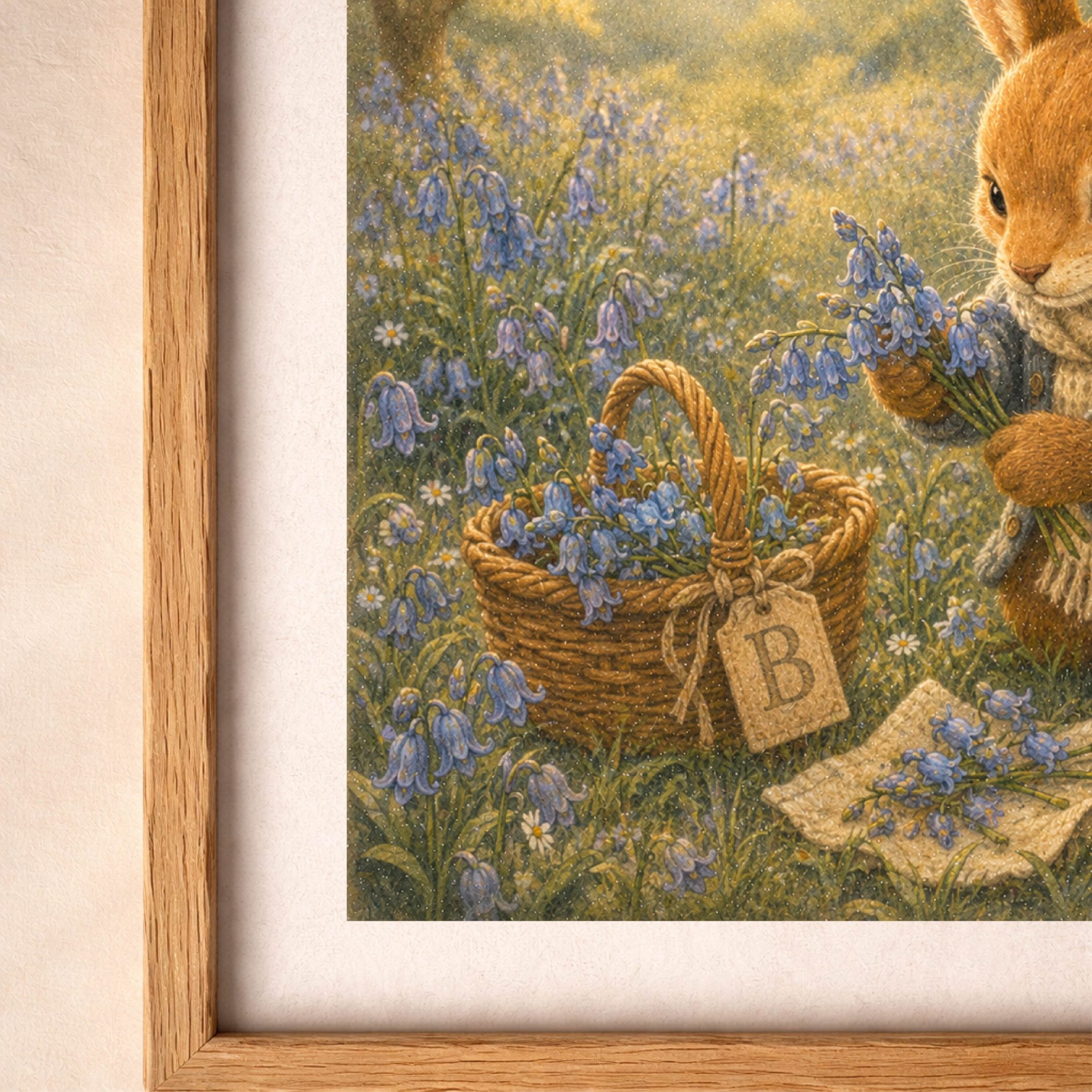 Woodland Bunny Monogram B Wall Art Printable Nursery Decor 7 Closeup of Woodland Bunny Monogram Letter B printable wall art with bluebell flowers