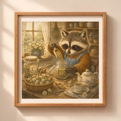 Woodland Raccoon Monogram C Wall Art Printable with chamomile flowers in cozy cottage kitchen