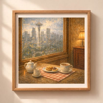 Woodland Seattle Wall Art Printable with rainy cozy interior and skyline view