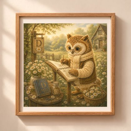 Woodland Owl Monogram D wall art printable featuring a cozy owl sketching among daisies in Quiet Woodland nursery decor style