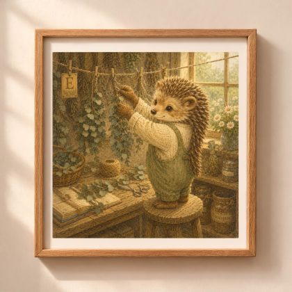 Woodland Hedgehog Monogram E printable wall art featuring eucalyptus botanical nursery illustration in vintage storybook style