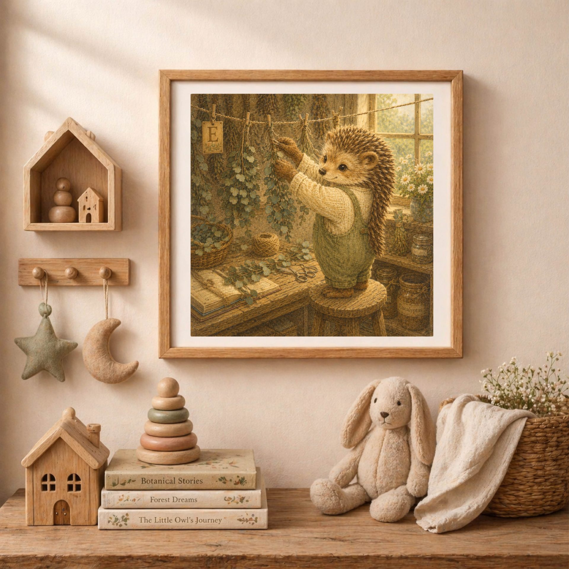 Woodland Hedgehog Monogram E Wall Art Printable Nursery Decor 4 Woodland Hedgehog Monogram E baby room printable wall art in soft neutral nursery interior
