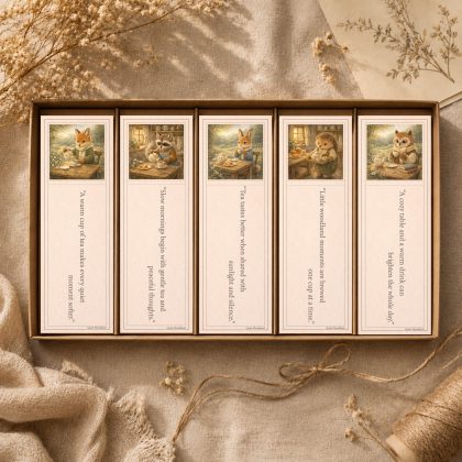Printable woodland tea time bookmarks with Quiet Woodland fox raccoon bunny hedgehog and owl illustrations in cozy cottagecore style
