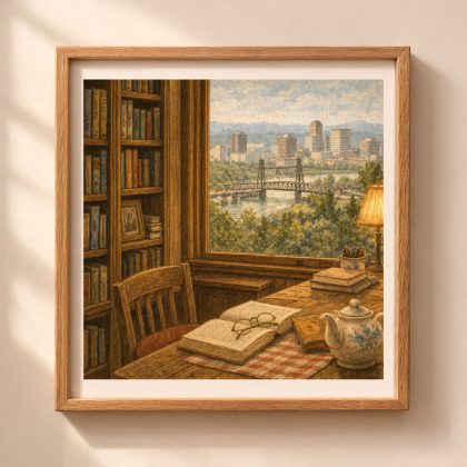 Woodland Portland Wall Art Printable with cozy reading room and city skyline view