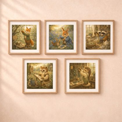 Quiet Woodland monogram wall art set featuring fox bunny raccoon owl and hedgehog printable nursery decor