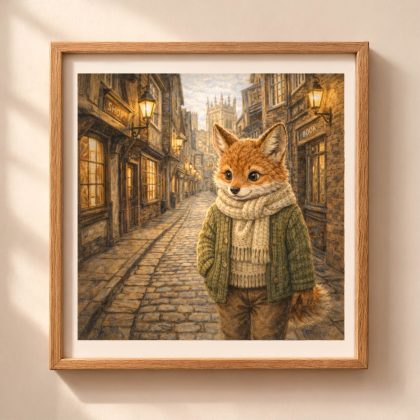 Fox York printable wall art with cozy woodland fox walking through historic British street in vintage cottagecore style