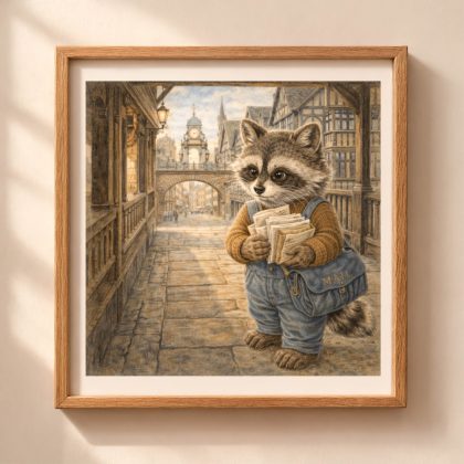 Raccoon Chester printable wall art with woodland raccoon postman in historic British street cottagecore illustration