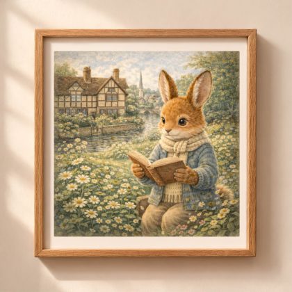 Rabbit Stratford-upon-Avon printable wall art with woodland bunny reading near British riverside cottage