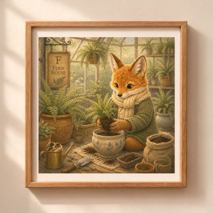 Woodland Fox Monogram F printable wall art with fern greenhouse nursery decor in cottagecore style