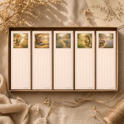Printable woodland animal bookmarks with note space featuring fox raccoon bunny hedgehog and owl illustrations by Quiet Woodland