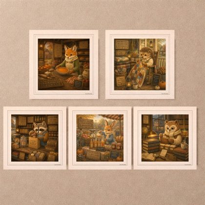 American Woodland Alphabet Printable Postcards set featuring fox baker rabbit farmer raccoon shopkeeper hedgehog quilt maker and owl librarian illustrations