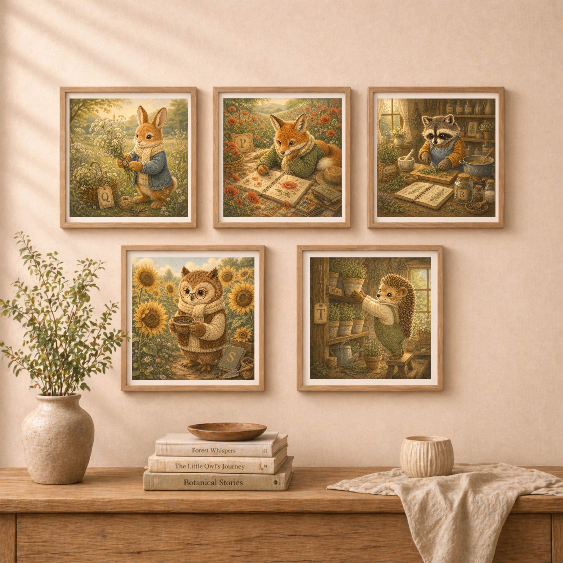 Botanical Woodland Alphabet Monogram P Digital Download Nursery 9 Five square wooden frames hanging on a wall in a grid layout, showcasing letters Q, P, R, S, and T from the series featuring a rabbit, fox, raccoon, owl, and hedgehog.