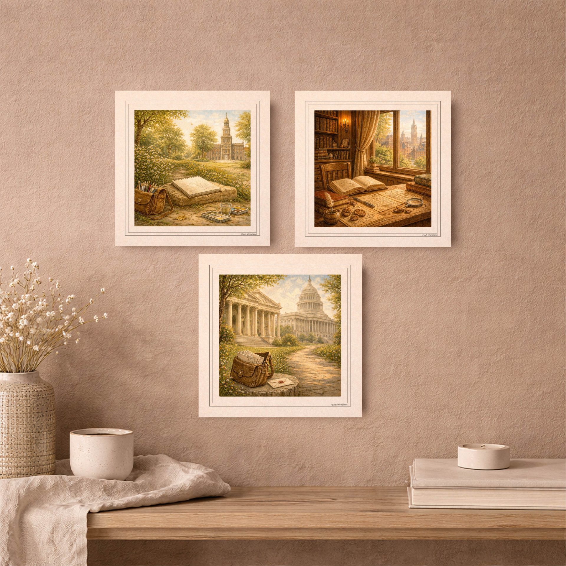 Printable Postcards Set Woodland USA Travel Vintage Art 5 Three storybook travel prints including a cozy library interior and nature scenes arranged in a triangle on a warm neutral wall over a wooden console.