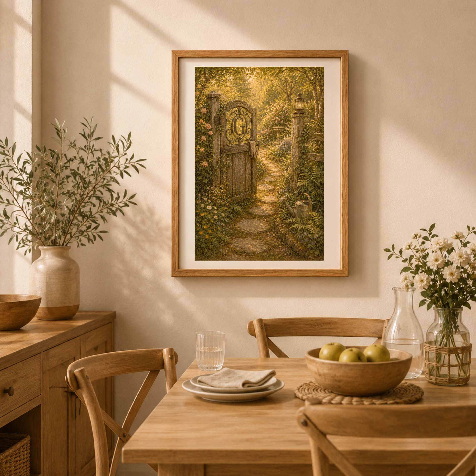 Letter G Monogram Woodland Wall Art Vintage Forest Initial Print 5 Framed Letter G Monogram Woodland Wall Art displayed on a dining room wall above a rustic wooden table.