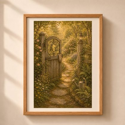 Letter G Monogram Woodland Wall Art in a light wood frame against a beige textured wall.
