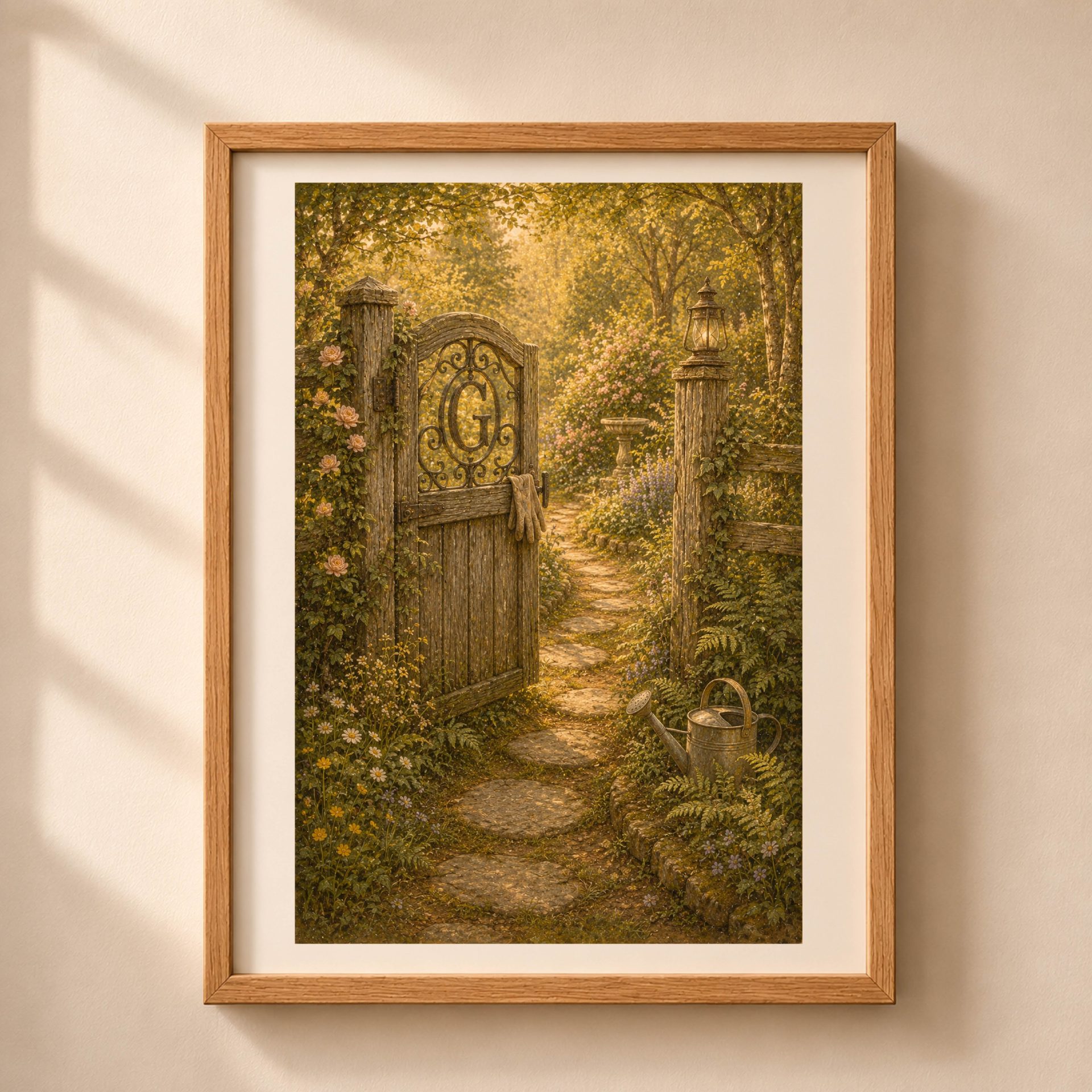 Letter G Monogram Woodland Wall Art Vintage Forest Initial Print 1 Letter G Monogram Woodland Wall Art in a light wood frame against a beige textured wall.