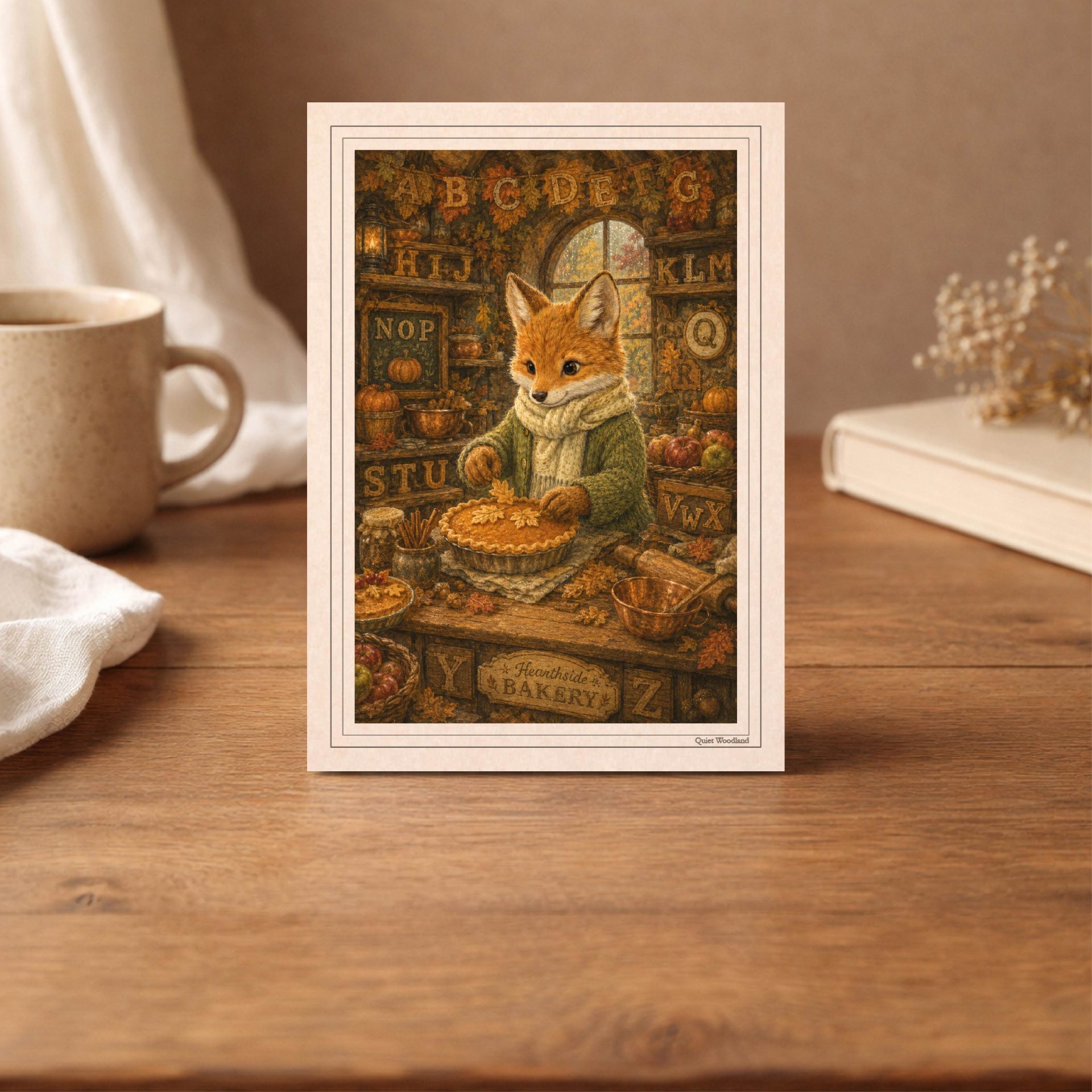 Printable Woodland Postcard Set Cards Autumn Forest Seek Find ABC 2 Close-up of 10x14 cm printable postcard featuring a cozy fox baking pie in a storybook kitchen with hidden letters A to Z standing on a wooden table.