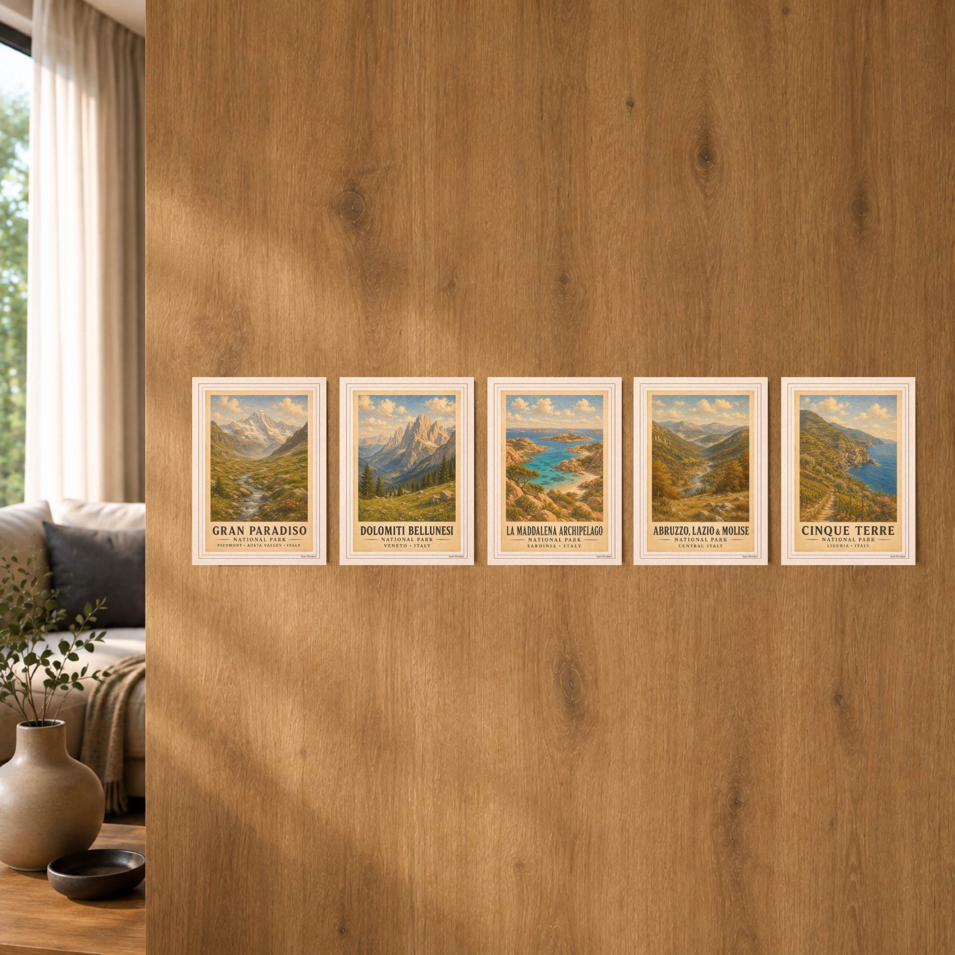 Italy National Parks Postcard Set Vintage Printable Art 4 Five 10x14 cm Italian National Park postcards mounted side by side on a warm wood wall in a modern living room interior.
