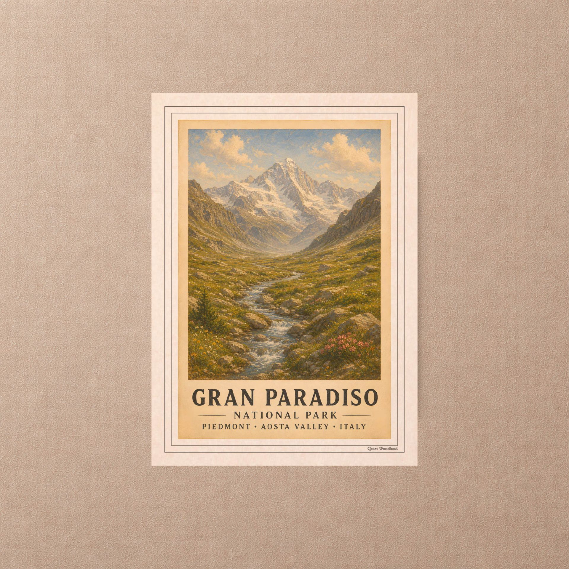 Italy National Parks Postcard Set Vintage Printable Art 3 Detailed close-up of a 10x14 cm Gran Paradiso National Park printable card featuring snowy mountain peaks and an alpine stream.