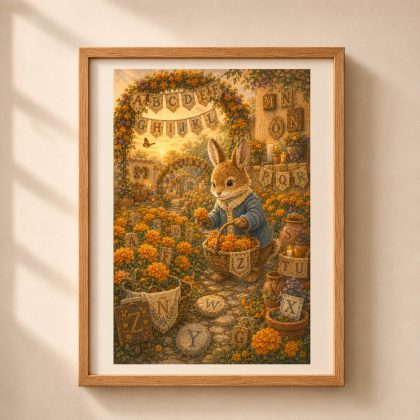 Framed Día de Muertos Rabbit alphabet poster showing a storybook rabbit gathering marigolds in a glowing garden with hidden letters, candles and terracotta pots.