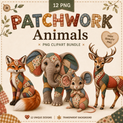 Patchwork Animals PNG | 12 Cute Animal Clipart