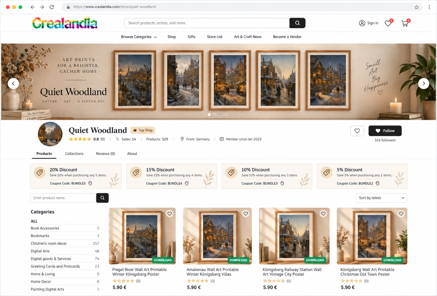 Crealandia shop desktop interface
